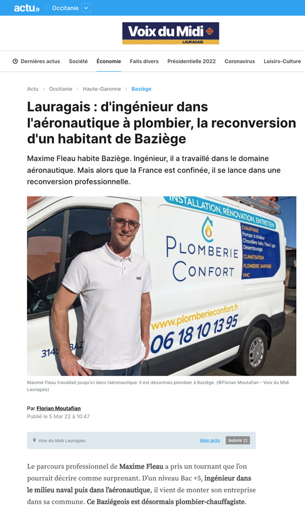 article du journal Actu Voix du Midi sur Plomberie Confort - Maxime Fleau